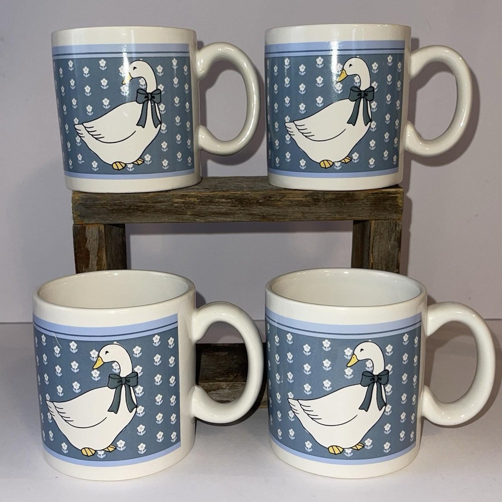 Goose Mugs Lot Of 4 ~ 10 oz Blue Floral Bow Ceramic Country Cottage Vintage